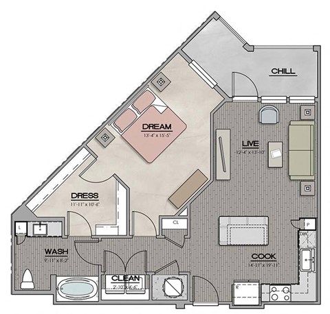 1 Bedroom 1 Bath C Floor Plan at The Jamestown Apartment Flats, Richmond, Virginia